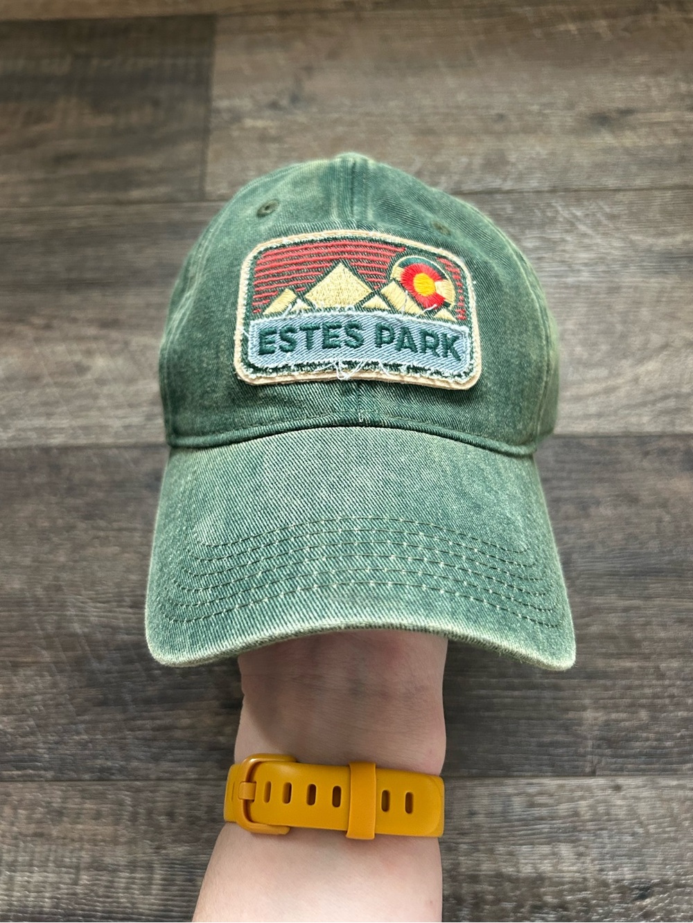 Vintage Wash Estes Park CO Adjustable Strap Hat Dark Green Semi Distressed